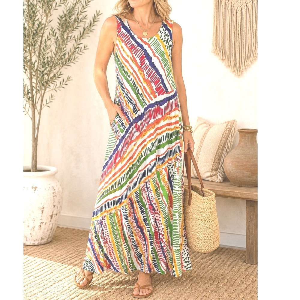 Serengeti Colorful Abstract Stripe Maxi Dress Rayon Sleeveless Petite PM